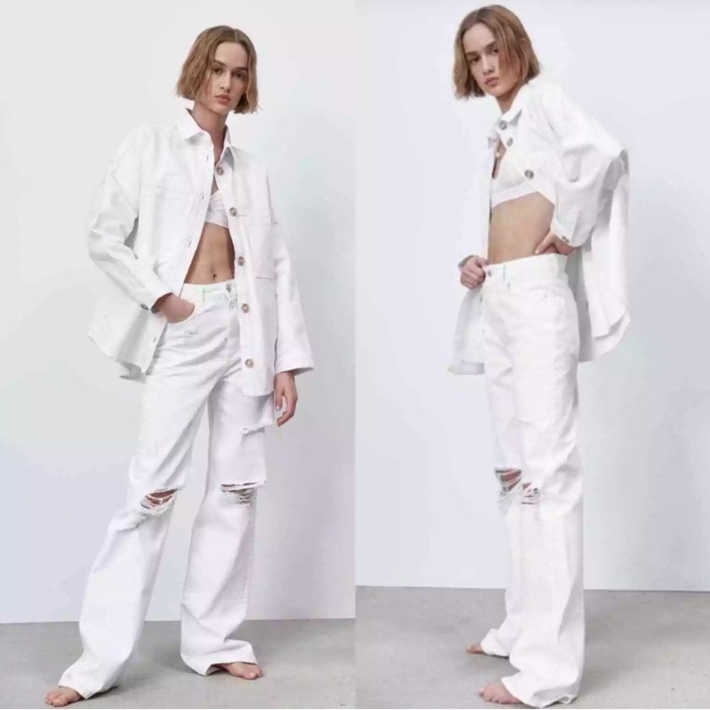 Zara White Flare Wide Leg Jeans with Distressed Details